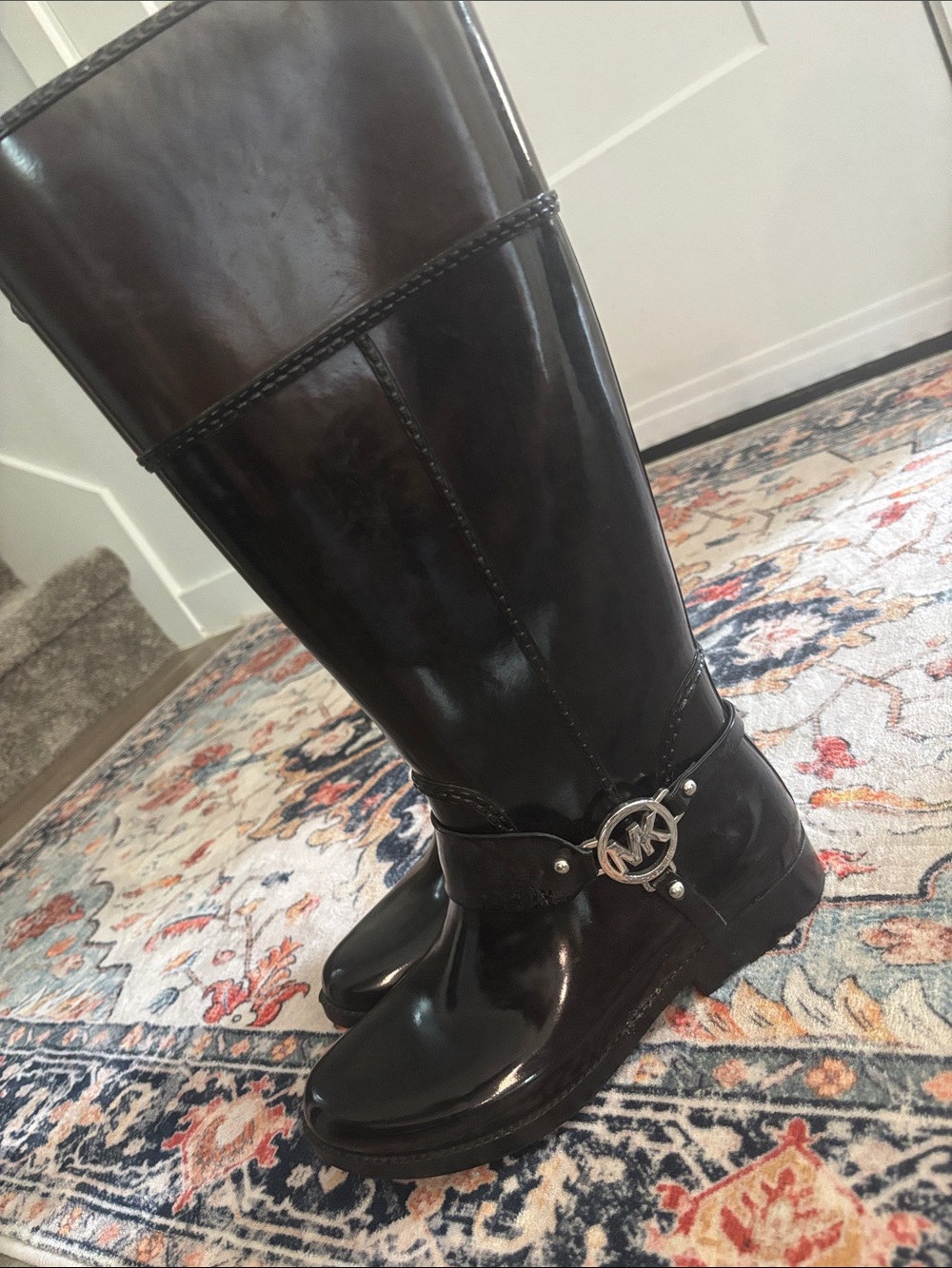 Michael Kors Shiny Black Knee-High Leather Boots with Logo Harness